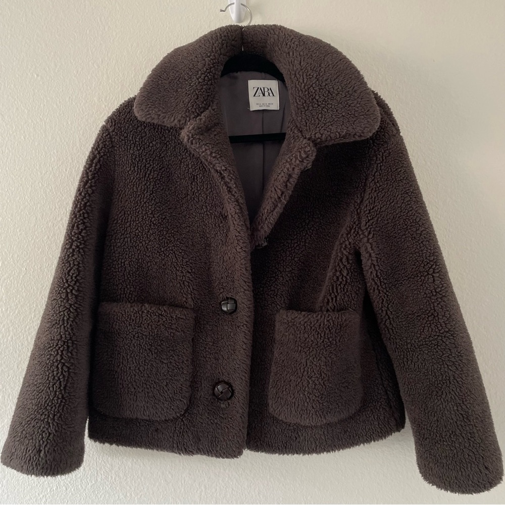 Zara brown cropped fleece coat size Xs